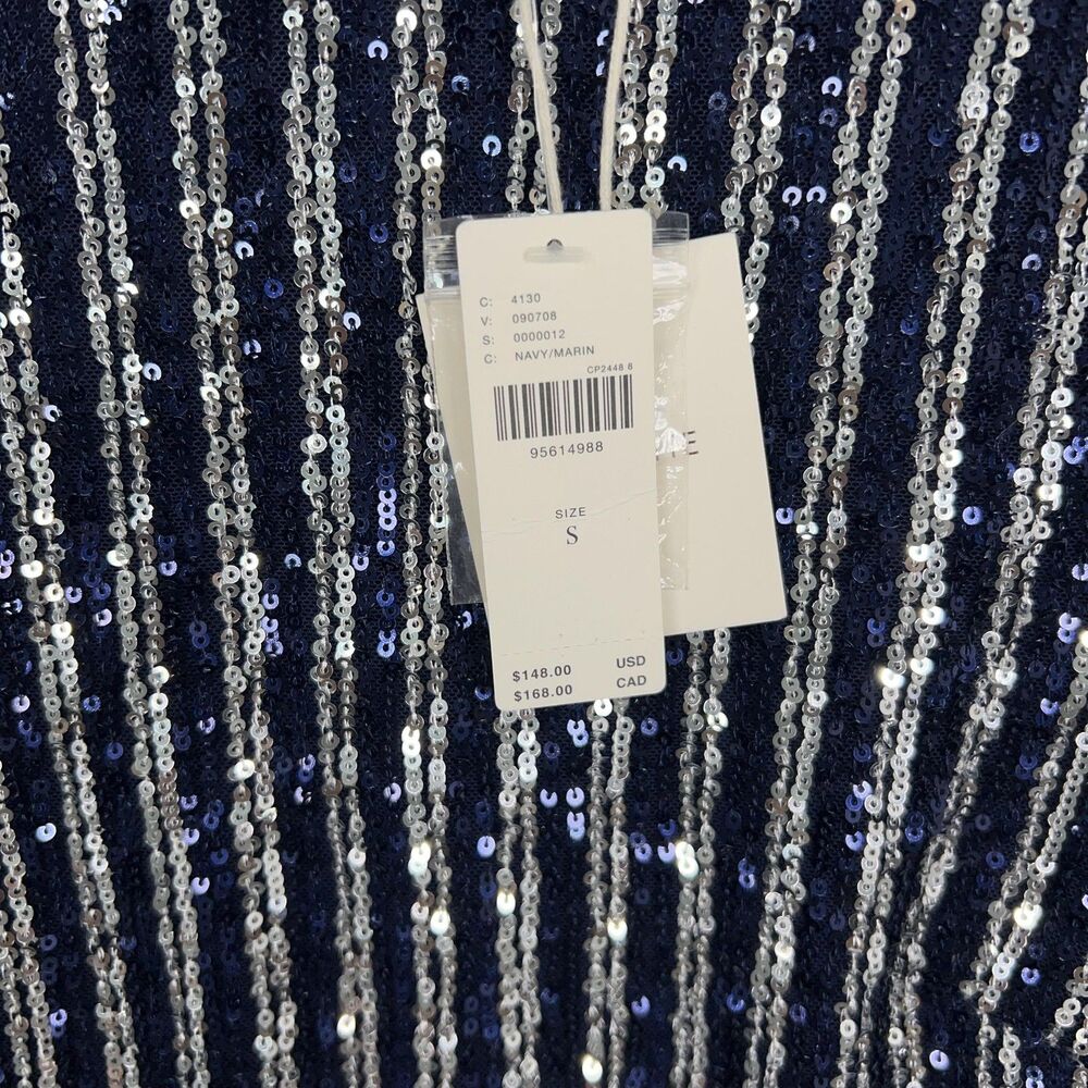 Anthropologie Flat White Dress Women Small Navy Blue Silver Sequin Striped Party - Picture 7 of 16
